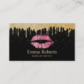 メイクアップアーティストホットピンクの唇モダン金ゴールド滴下 名刺 (正面)