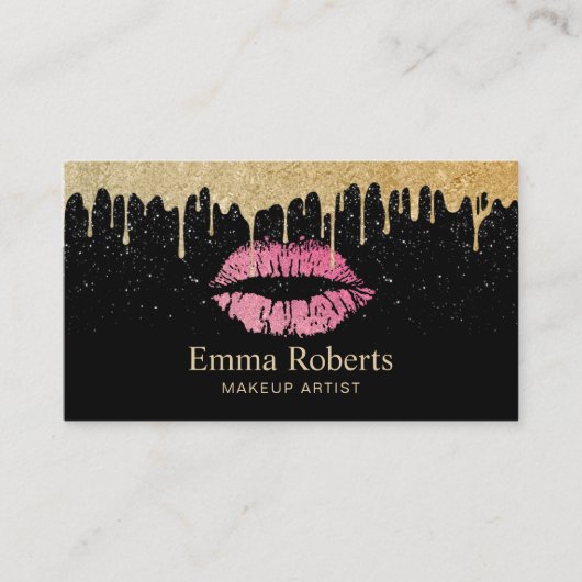 メイクアップアーティストホットピンクの唇モダン金ゴールド滴下 名刺 (正面)