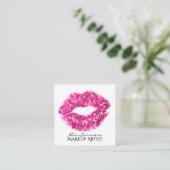 メイクアップアーティストホットピンクグリッターリップゼブラプリント スクエア名刺 (スタンド正面)