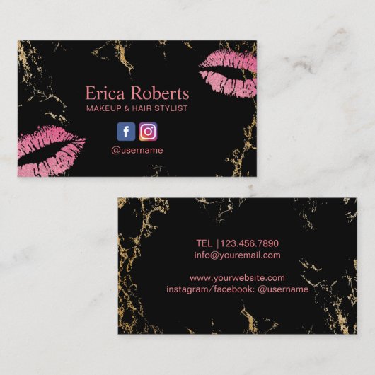 メイクアップアーティストホットピンクリップトレンディーブラック&金ゴールド 名刺 (正面/裏面)
