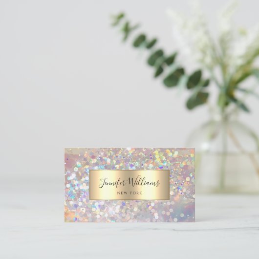 メイクアップアーティストホログラフィックグリッターエレガント金ゴールド 名刺 (スタンド正面)