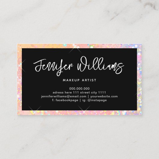 メイクアップアーティストホログラフィックグリッタースクリプトパステル 名刺 (裏面)