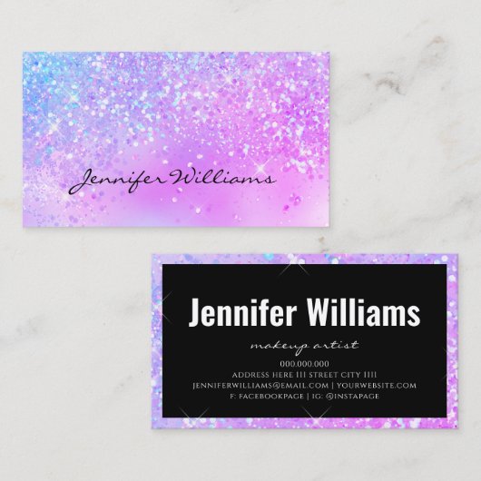 メイクアップアーティストホログラフィックグリッタースクリプトパープル 名刺 (正面/裏面)