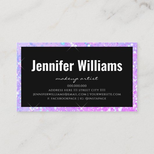 メイクアップアーティストホログラフィックグリッタースクリプトパープル 名刺 (裏面)