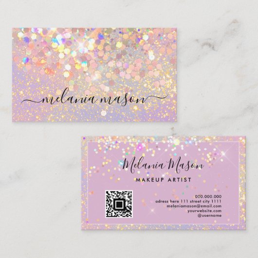 メイクアップアーティストホログラフィックグリッターQRコードスタイリッシュ 名刺 (正面/裏面)