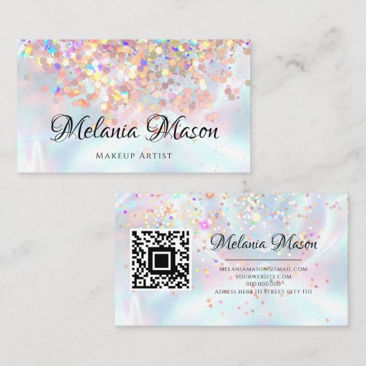 メイクアップアーティストホログラフィックグリッターQRコードメタリック 名刺 (正面/裏面)