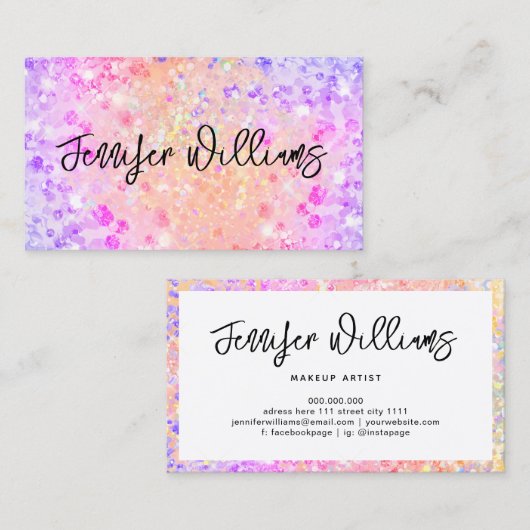 メイクアップアーティストホログラフィックパープルグリッターモダン部 名刺 (正面/裏面)
