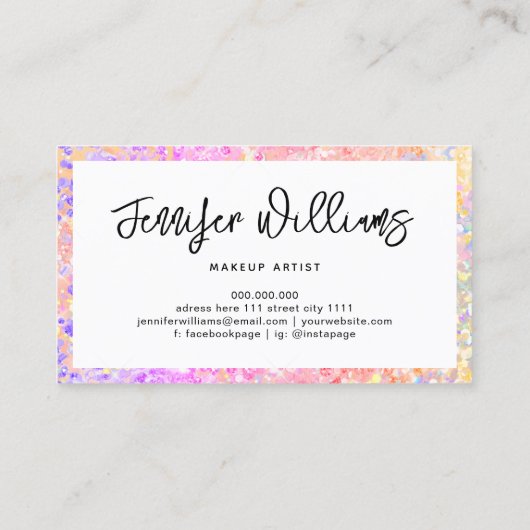 メイクアップアーティストホログラフィックパープルグリッターモダン部 名刺 (裏面)