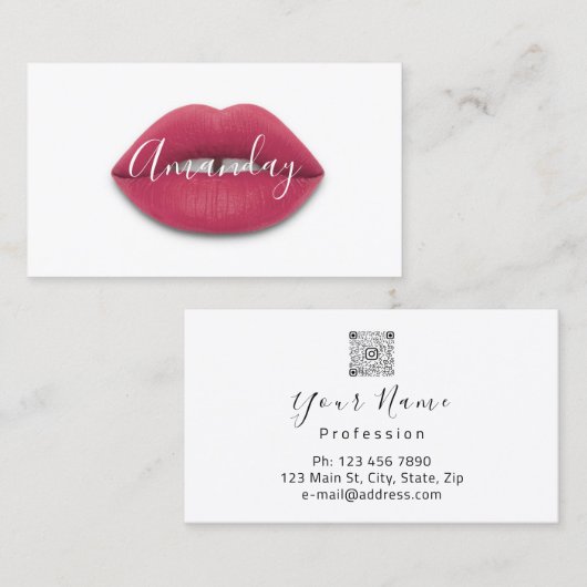 メイクアップアーティストホワイトローズリップロゴQRコードロゴ 名刺 (正面/裏面)