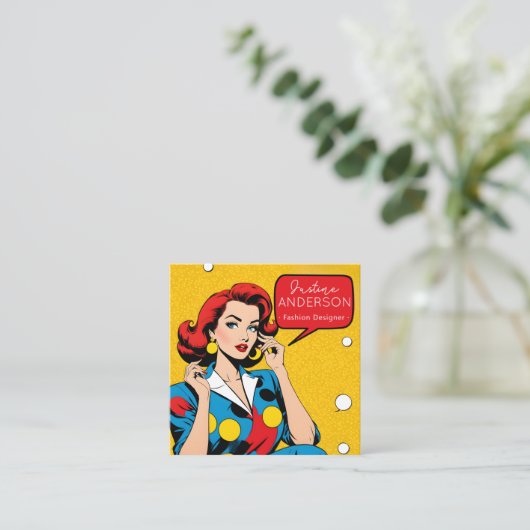 メイクアップアーティストポップ・アートのレトロアートレディーウーマン スクエア名刺 (スタンド正面)