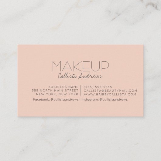 メイクアップアーティストミニマリストピンクブラックタイポグラフィ 名刺 (裏面)