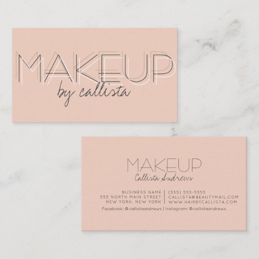 メイクアップアーティストミニマリストピンクブラックタイポグラフィ 名刺 (正面/裏面)