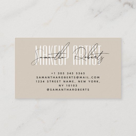 メイクアップアーティストモダンタイポグラフィスクリプトbeige 名刺 (裏面)
