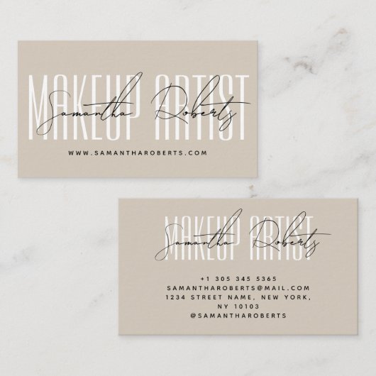 メイクアップアーティストモダンタイポグラフィスクリプトbeige 名刺 (正面/裏面)