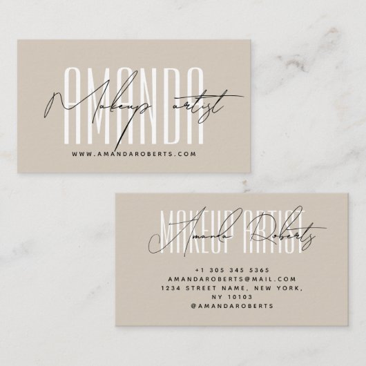 メイクアップアーティストモダンタイポグラフィスクリプトbeige 名刺 (正面/裏面)