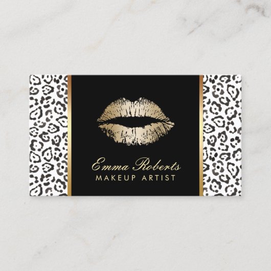 メイクアップアーティストモダン白黒ヒョウ金ゴールドリップ 名刺 (正面)