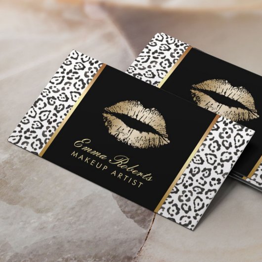 メイクアップアーティストモダン白黒ヒョウ金ゴールドリップ 名刺