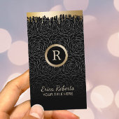 メイクアップアーティストモダン金ゴールドドリップブラックフローラ 名刺