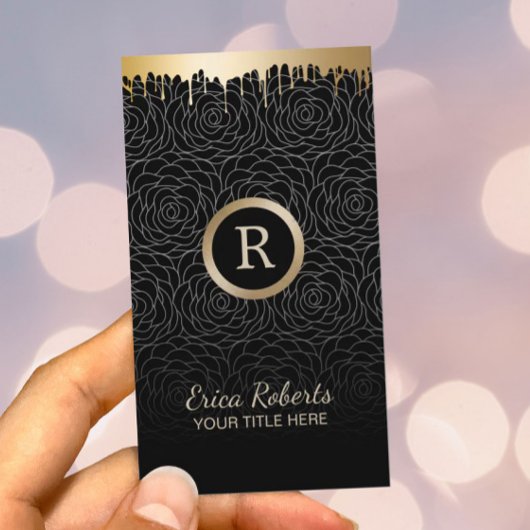 メイクアップアーティストモダン金ゴールドドリップブラックフローラ 名刺