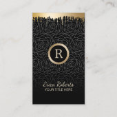 メイクアップアーティストモダン金ゴールドドリップブラックフローラ 名刺 (正面)