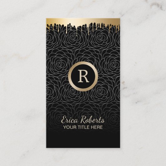 メイクアップアーティストモダン金ゴールドドリップブラックフローラ 名刺 (正面)