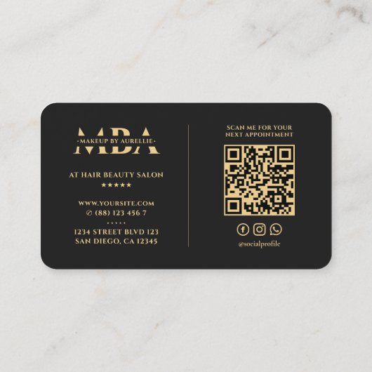 メイクアップアーティストモノグラムエレガントブラックモダン 名刺 (裏面)