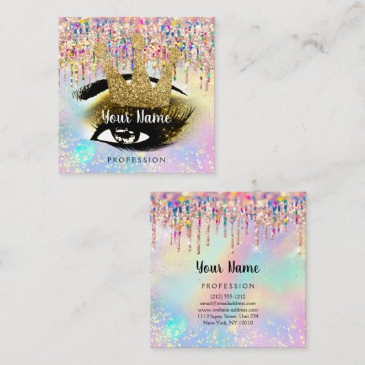 メイクアップアーティストラッシュスタジオ金ゴールドホログラフィークラウン スクエア名刺 (正面/裏面)