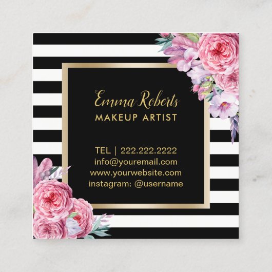 メイクアップアーティストリップ&ラッシュモダンフローラストライプ スクエア名刺 (裏面)