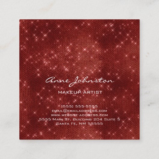 メイクアップアーティストルビーレッドスパークルグリッターグラム スクエア名刺 (裏面)