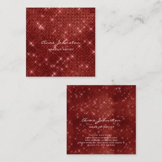 メイクアップアーティストルビーレッドスパークルグリッターグラム スクエア名刺 (正面/裏面)