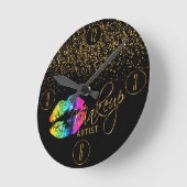 メイクアップアーティストレインボーリップ&金ゴールドグリッター ラウンド壁時計 (傾斜)