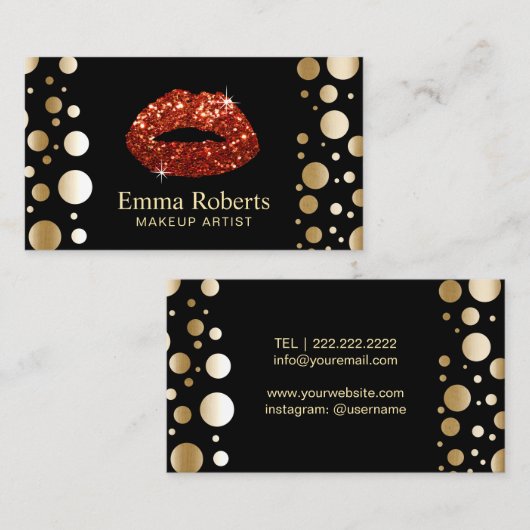 メイクアップアーティストレッドグリッターモダン金ゴールドドット 名刺 (正面/裏面)