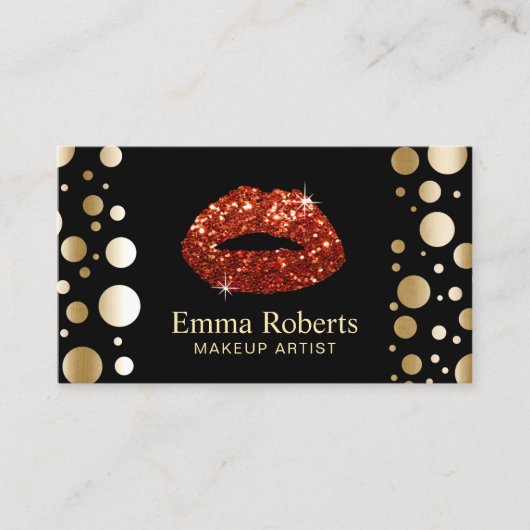 メイクアップアーティストレッドグリッターモダン金ゴールドドット 名刺 (正面)