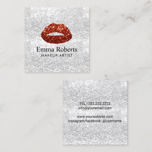 メイクアップアーティストレッドグリッターリップモダンシルバーサロン スクエア名刺 (正面/裏面)