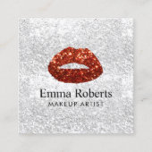 メイクアップアーティストレッドグリッターリップモダンシルバーサロン スクエア名刺 (正面)