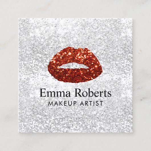 メイクアップアーティストレッドグリッターリップモダンシルバーサロン スクエア名刺 (正面)