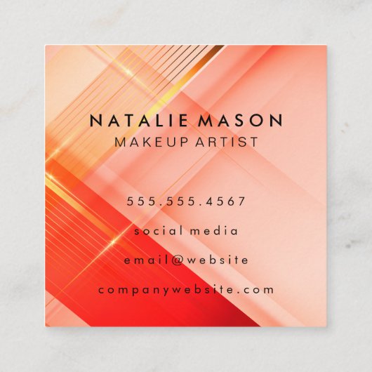 メイクアップアーティストレッドピンク金ゴールド背景 スクエア名刺 (裏面)