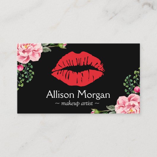 メイクアップアーティストレッドリップエレガントフローラデコール 名刺 (正面)