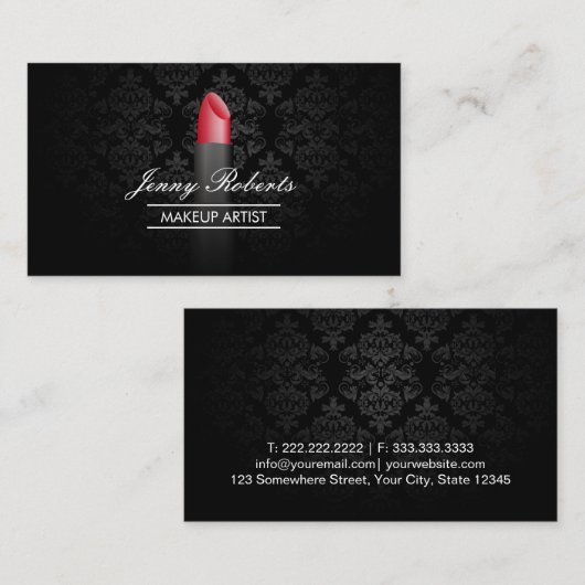メイクアップアーティストレッドリップスティックエレガントダマスク 名刺 (正面/裏面)