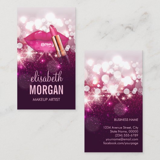 メイクアップアーティストレッドリップピンクグリッター きらめく 名刺 (正面/裏面)