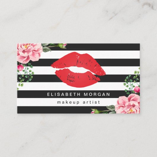 メイクアップアーティストレッドリップフローラストライプ白黒 名刺 (正面)