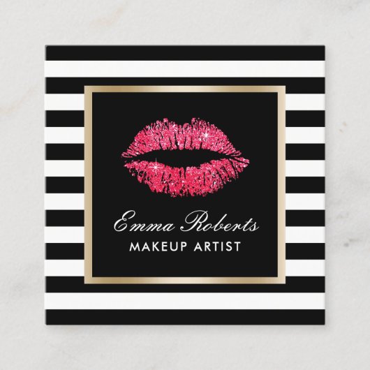 メイクアップアーティストレッドリップモダンブラックストライプ スクエア名刺 (正面)