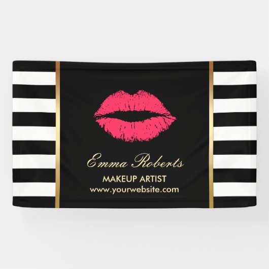 メイクアップアーティストレッドリップモダン白黒ストライプ 横断幕 (横)