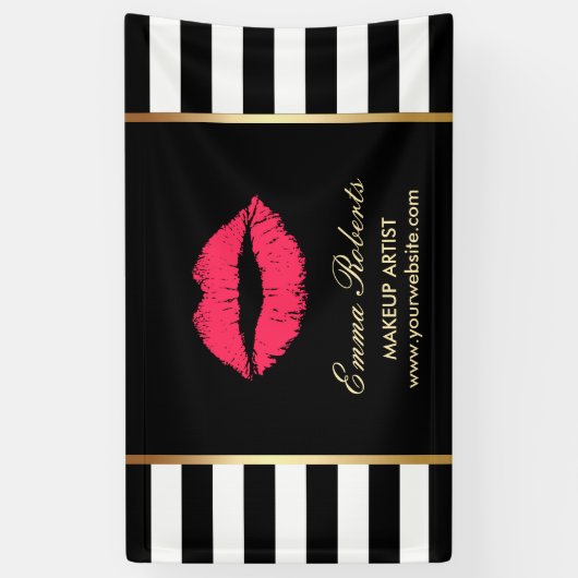 メイクアップアーティストレッドリップモダン白黒ストライプ 横断幕 (縦)
