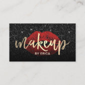 メイクアップアーティストレッドリップ金ゴールドタイポグラフィ黒グリッター 名刺 (正面)