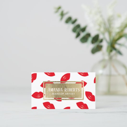 メイクアップアーティストレッドリップ金ゴールドラベル美しいサロン 名刺 (スタンド正面)