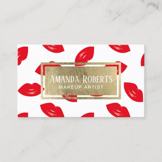 メイクアップアーティストレッドリップ金ゴールドラベル美しいサロン 名刺 (正面)