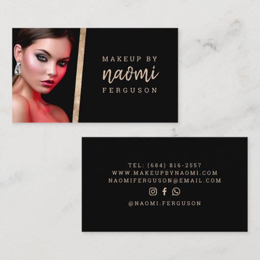 メイクアップアーティスト写真バラ金ゴールドフォイルモダンブラック 名刺 (正面/裏面)