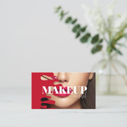 メイクアップアーティスト写真QRコード赤の名刺 名刺 (スタンド正面)