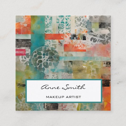 メイクアップアーティスト抽象芸術混合メディアコラージュ スクエア名刺 (正面)
